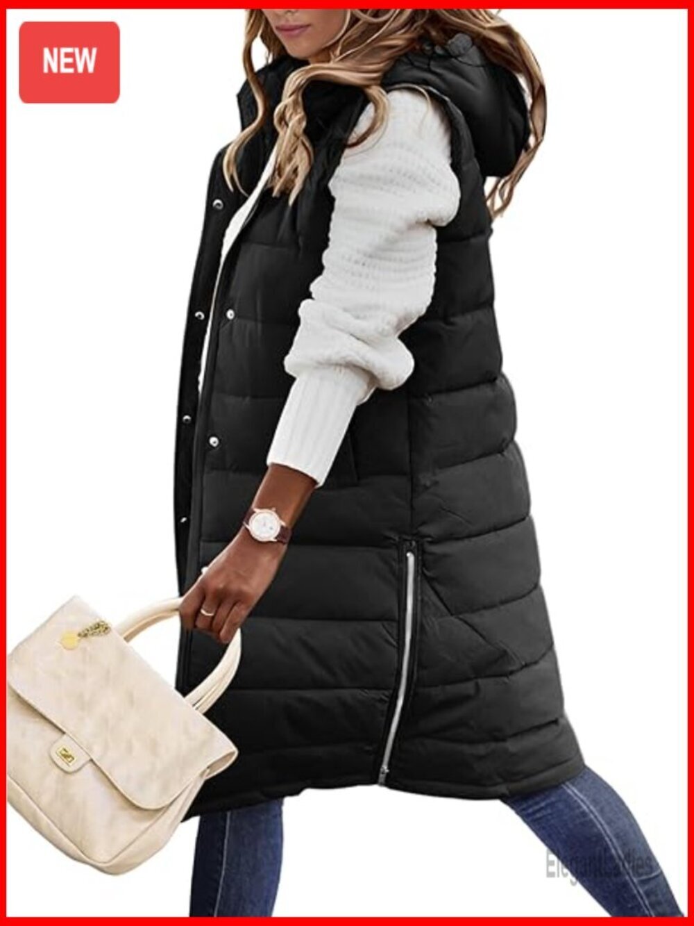 Long Hooded Puffer Vest Quilted Sleeveless Zip Up Winter Outerwear